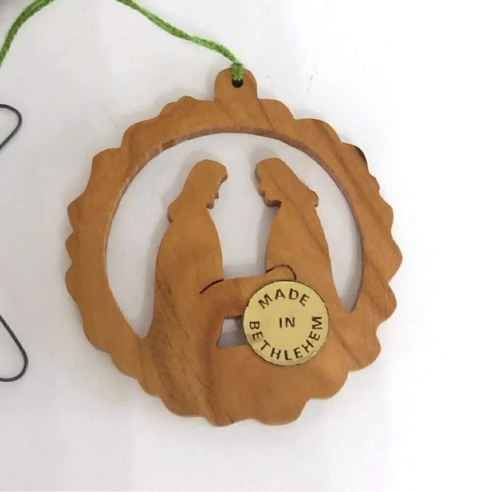 Vintage Lot of 7 Carved Olive Wood Christmas Tree Ornaments Bethlehem